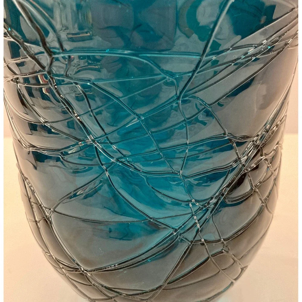 Vintage Hand Blown Threaded Thick Art Glass Vase 8.5